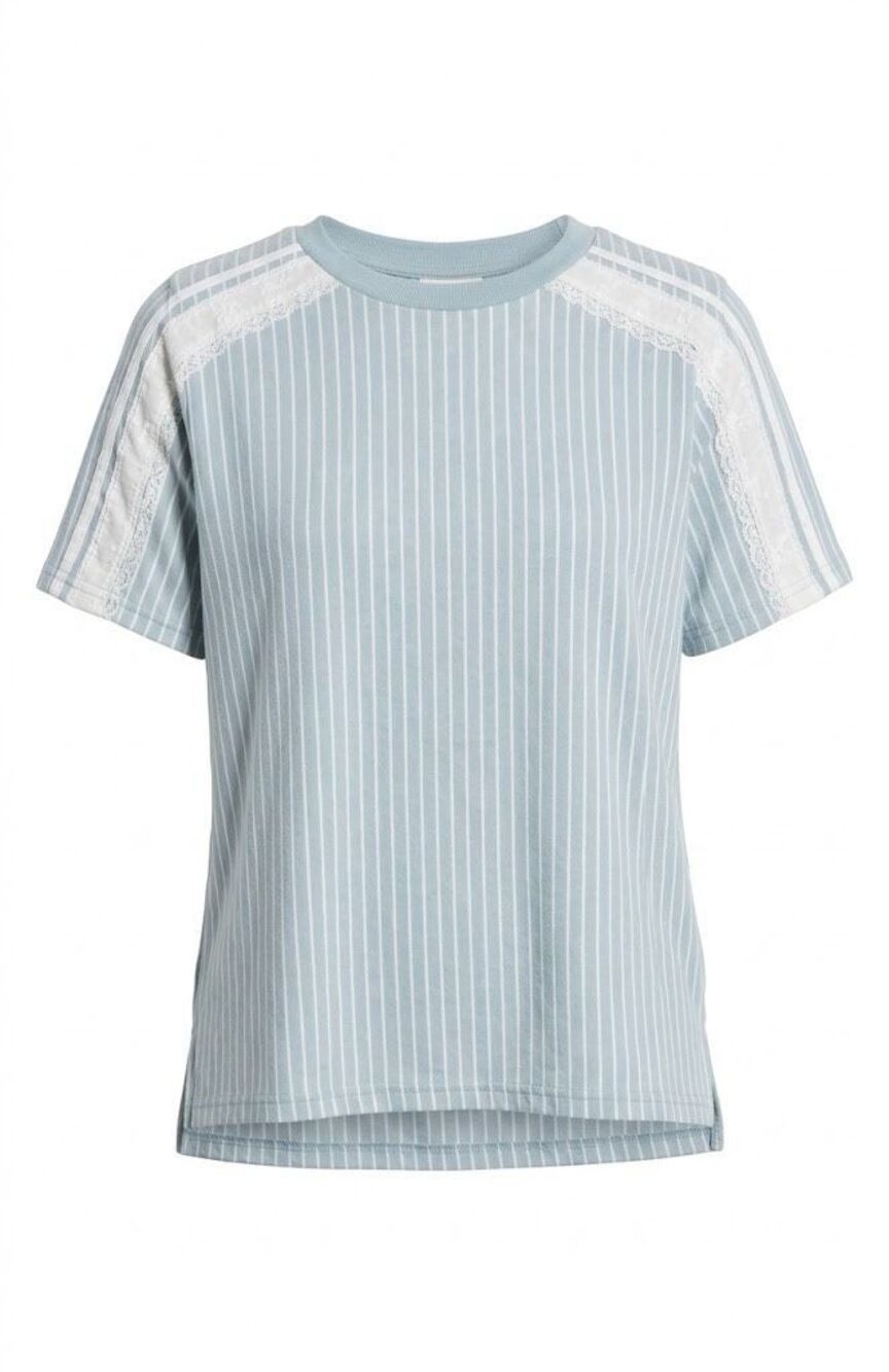 B1026. BiBi White/Blue Striped Denim Lace Short Sleeve T-Shirt NWT